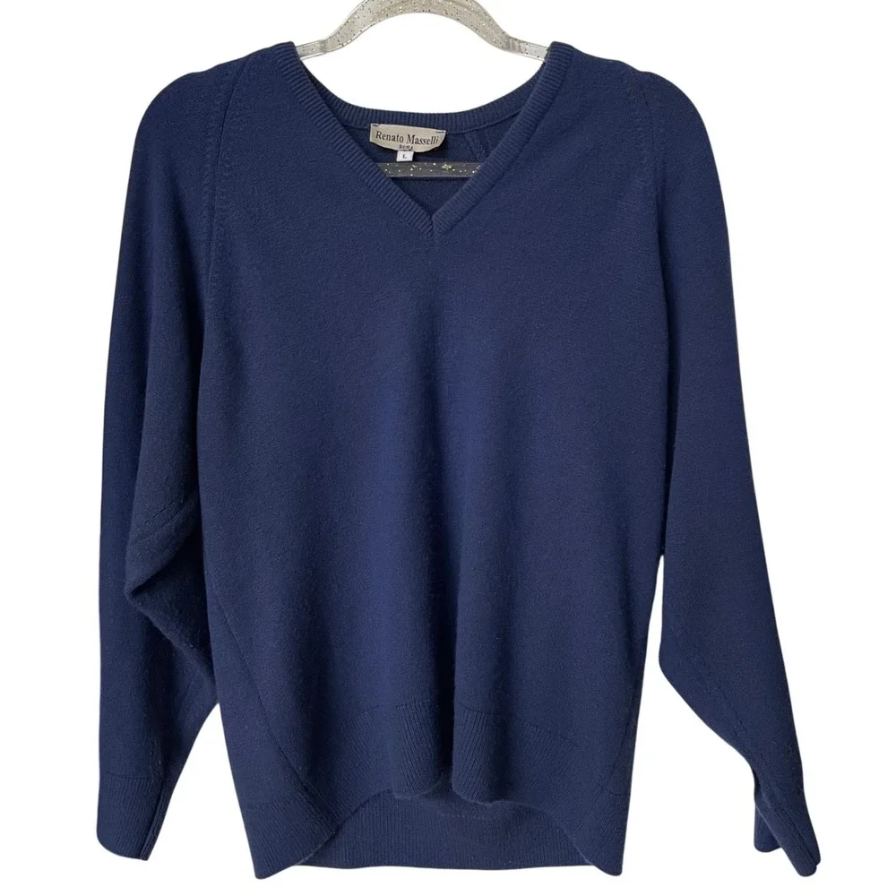 Renato Maselli Roma Navy Blue V-Neck Sweater L Soft Luxe Preppy Classic